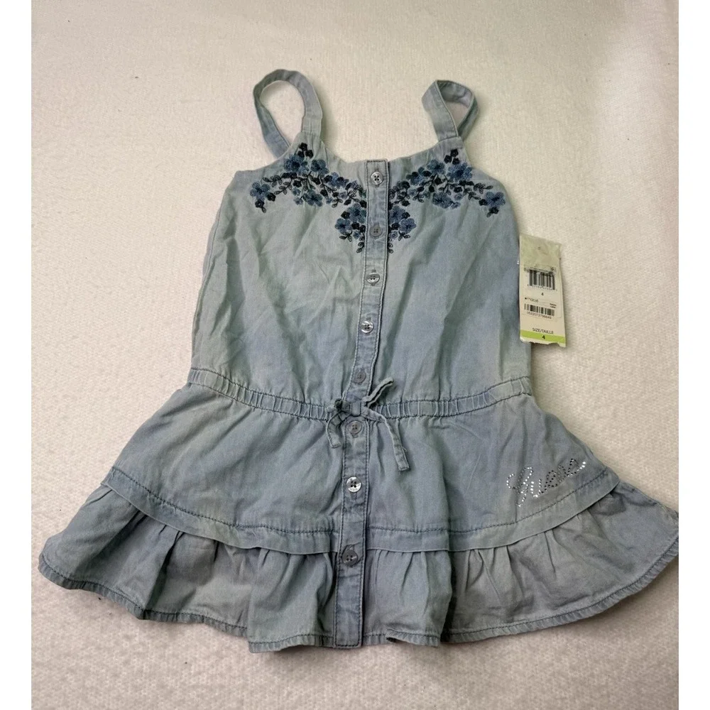 GUESS Kids Denim Dress With Embroidered Top And Ruffle‎ Skirt Sz 4T SpringNWT